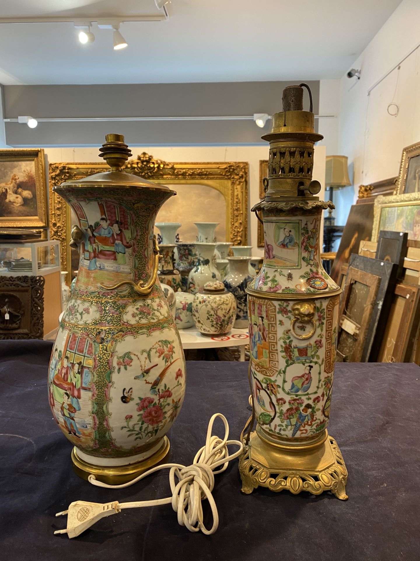 Two Chinese Canton famille rose vases with palace scenes and floral design mounted as lamps, 19th C. - Image 7 of 13