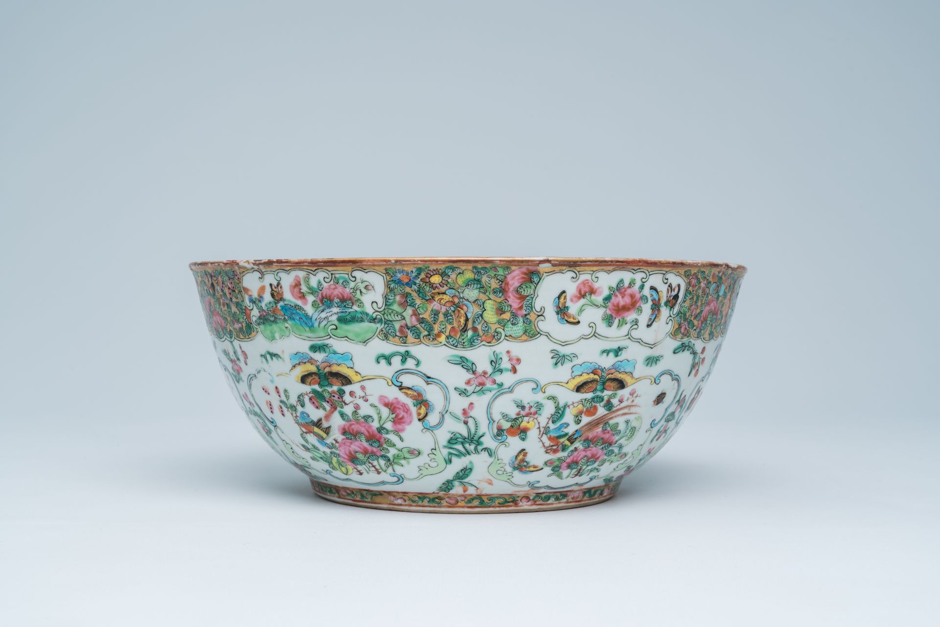 A Chinese Canton famille rose Islamic market bowl with birds and butterflies among blossoming branch - Image 3 of 18