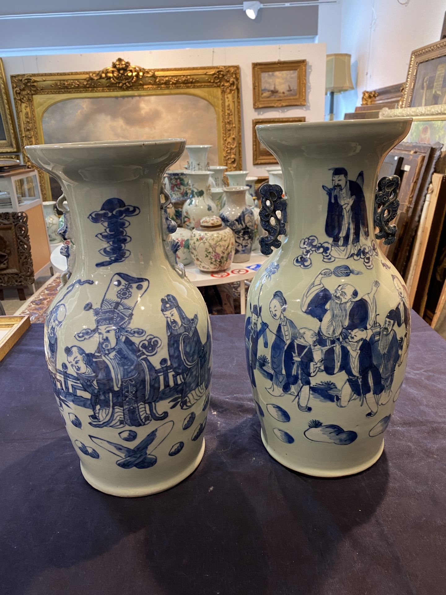 Three Chinese blue and white celadon ground vases with Immortals and their servants in a landscape, - Bild 17 aus 24