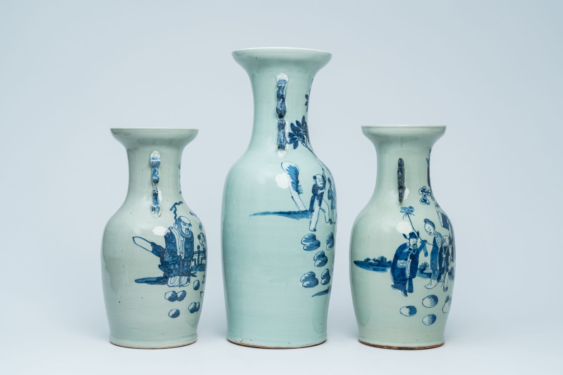 Three Chinese blue and white celadon ground vases with Immortals and their servants in a landscape, - Image 5 of 24