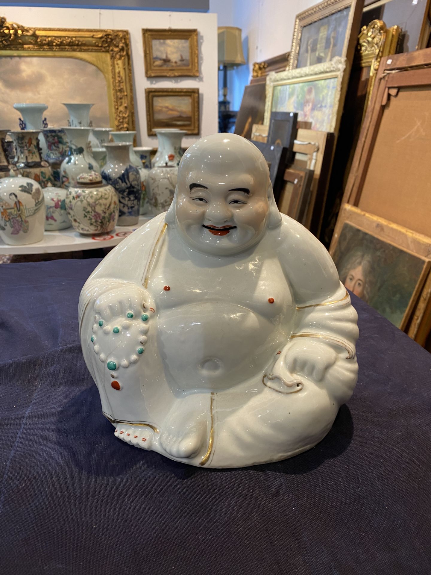 A Chinese white, iron red and gilt porcelain figure of Buddha and two qianjiang cai and famille rose - Image 17 of 23