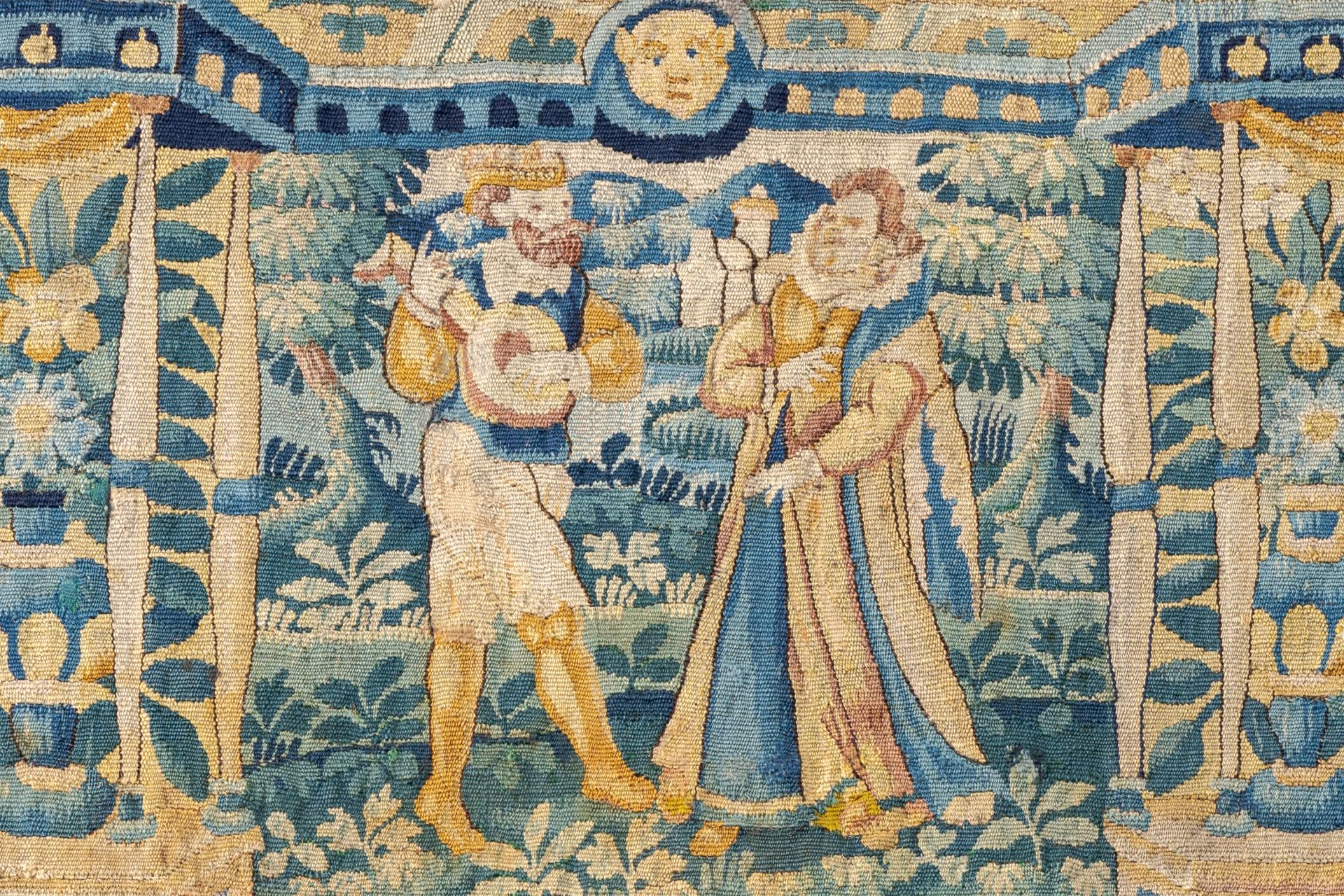 Two fragments of Flemish wall tapestries with musicians, 17th C. - Image 7 of 10