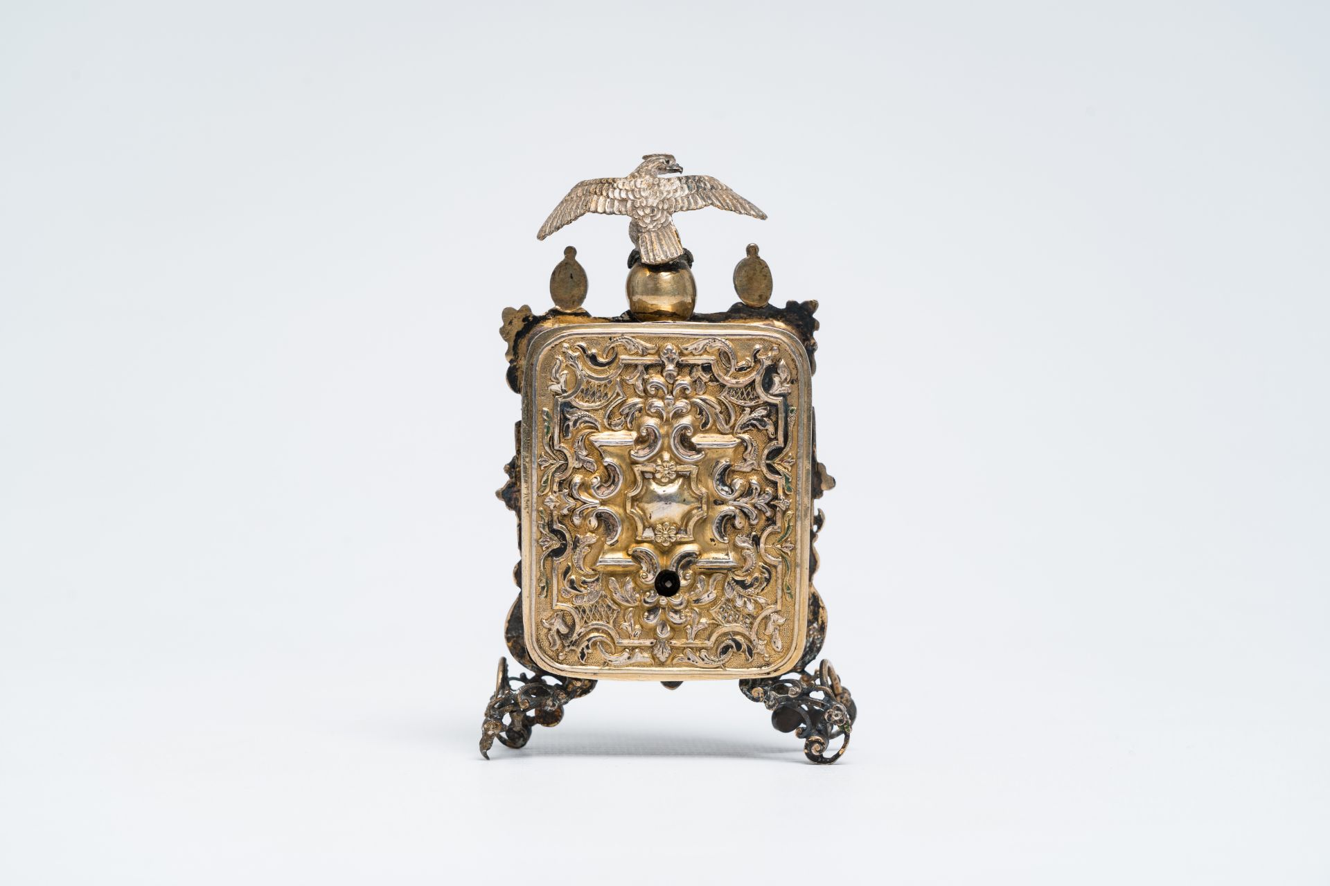 A gilt silver Baroque revival Viennese table clock crowned with an eagle and inlaid with turquoise, - Image 4 of 11