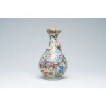 A Chinese Canton famille rose celadon ground vase with warrior scenes all around, 19th C.