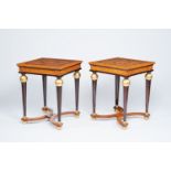 A pair of Neoclassical partly gilt and partly burl wood veneered wood side tables with intarsia, 20t