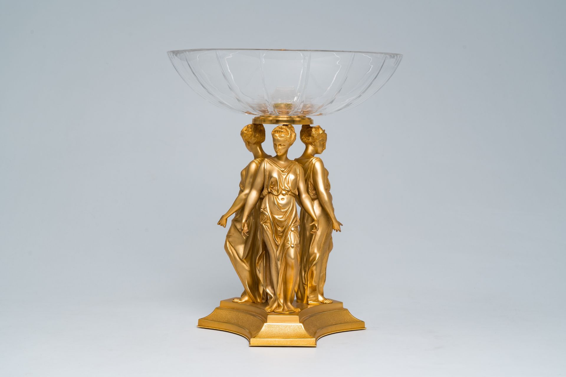 A lavish table centrepiece consisting of a decorative crystal bowl worn by the three graces in gilt - Image 4 of 7