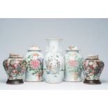 Five Chinese qianjiang cai and Nanking crackle glazed famille rose vases with ladies in a garden, wa
