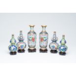 Three pairs of Chinese cloisonne vases with antiquities and floral design, 20th C.