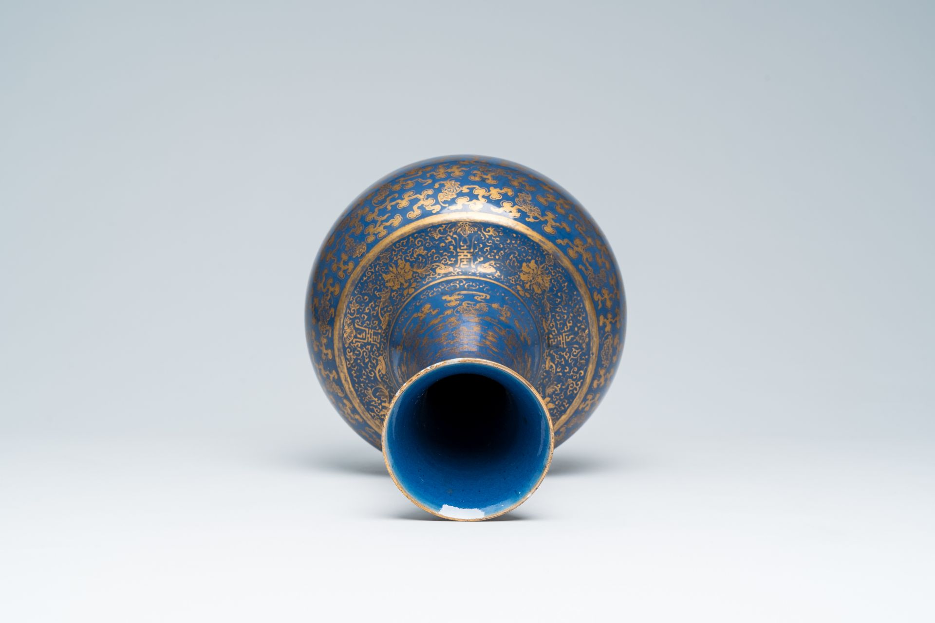 A Chinese blue ground gilt decorated 'bats amongst scrolling clouds' bottle vase, Guangxu mark and o - Image 5 of 6