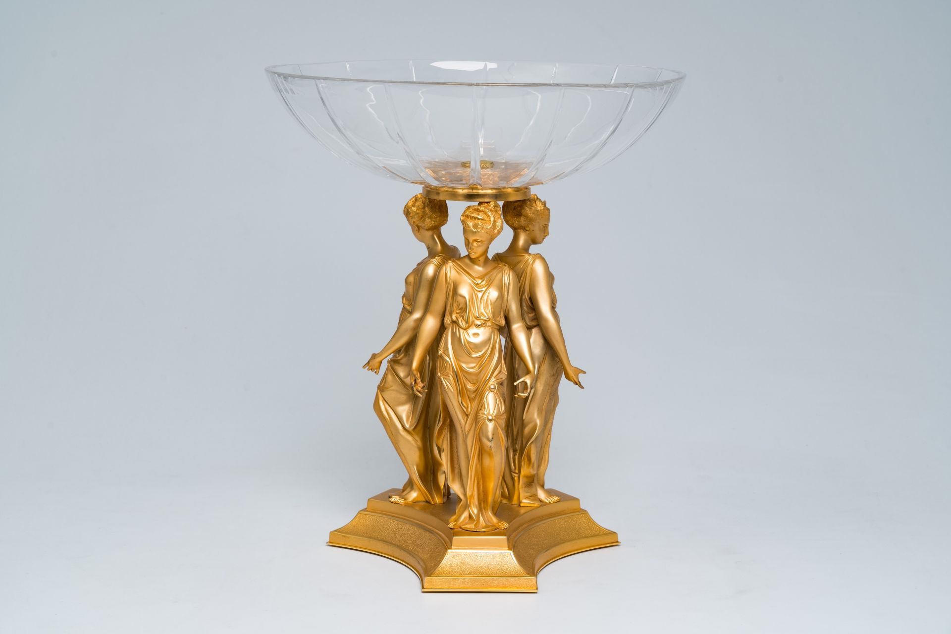A lavish table centrepiece consisting of a decorative crystal bowl worn by the three graces in gilt - Image 2 of 7