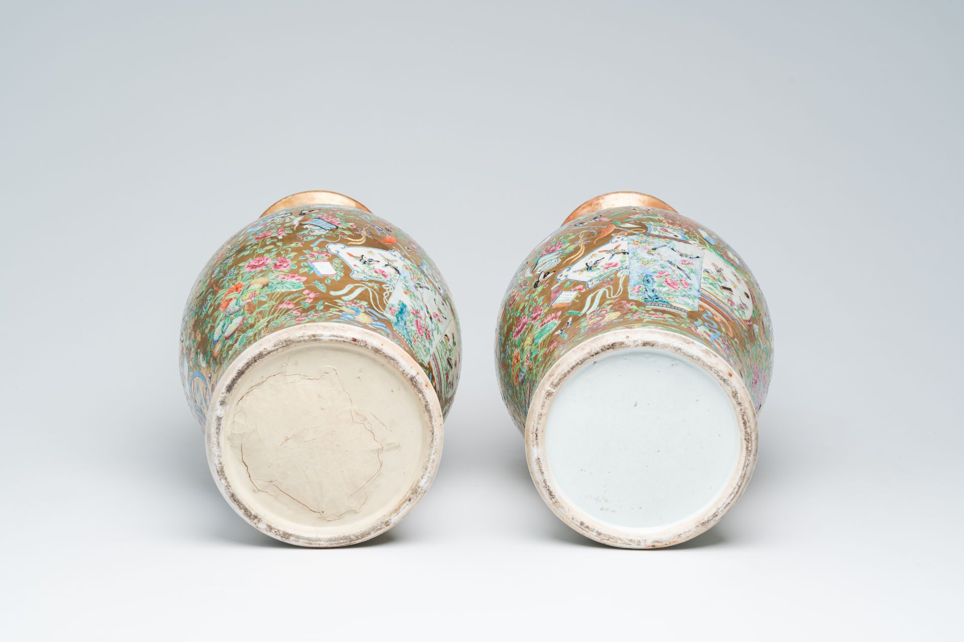 A pair of Chinese Canton famille rose gold ground vases with birds and butterflies among blossoming - Image 6 of 6