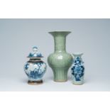 A Chinese Nanking crackle glazed blue and white vase and cover with a master and his student and two