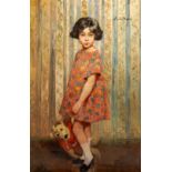 Emile Baes (1879-1954): Girl with teddy bear in an interior, oil on canvas