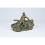 Victor Demanet (1895-1964): Man at the helm on a choppy sea, green patinated bronze