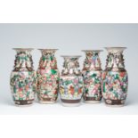 Five Chinese Nanking crackle glazed famille rose 'warrior' vases, 19th/20th C.