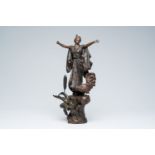 A French patinated bronze sculpture of a Japanese lady with a rooster at the reed with inlay, 20th C