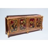 A French gilt wood and mahogany veneered four-door sideboard with oriental style lacquer, 20th C.