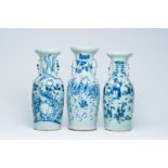 Three various Chinese blue and white celadon ground vases, 19th C.