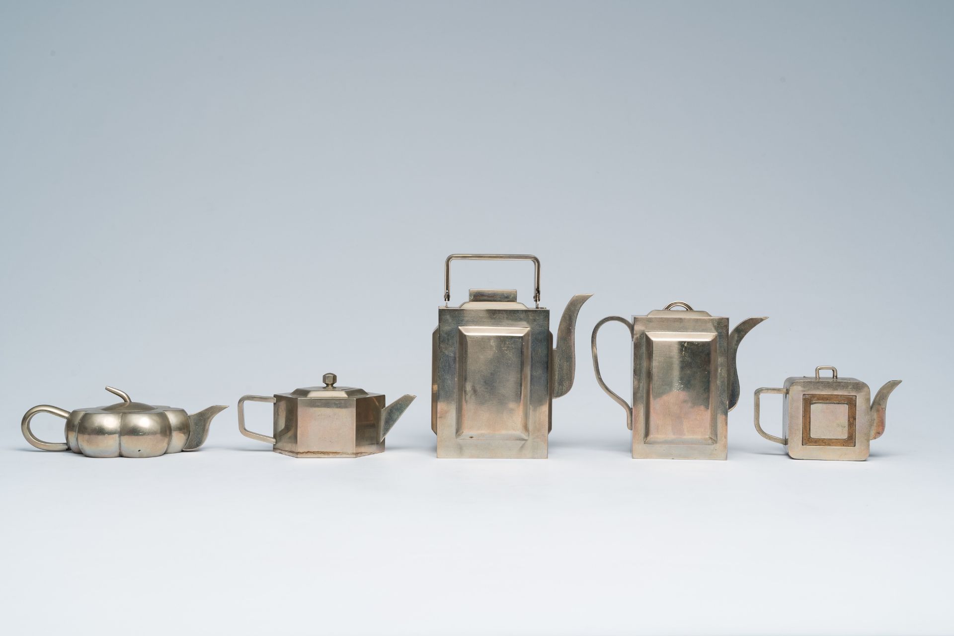 Five various Chinese paktong teapots and covers, 19th/20th C. - Image 3 of 11