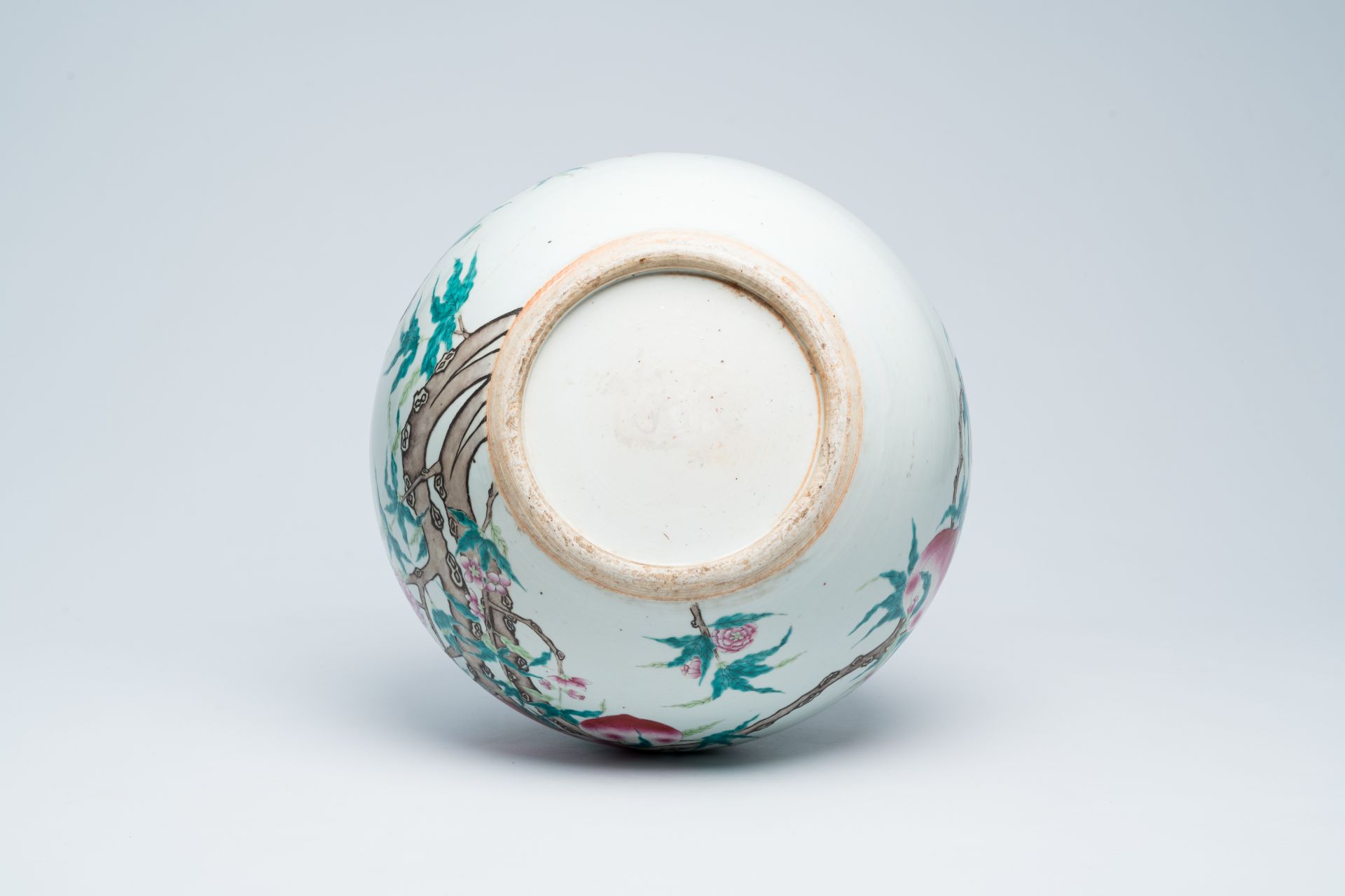 A large Chinese famille rose 'nine peaches' tianqu ping vase, 19th C. - Image 7 of 9