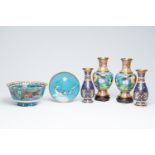 Two pairs of Chinese cloisonne vases with floral design, a 'phoenix' plate and a 'mythical animals'