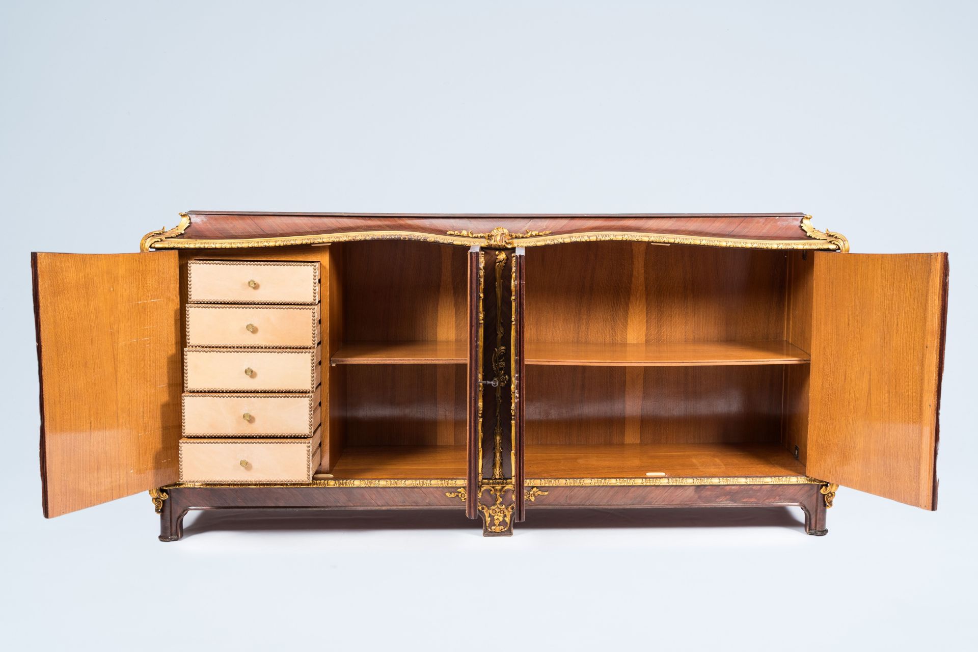 A French gilt wood and mahogany veneered four-door sideboard with oriental style lacquer, 20th C. - Image 3 of 10