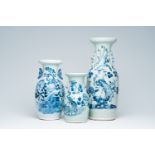 Three Chinese blue and white celadon ground vases with birds among blossoming branches, 19th/20th C.