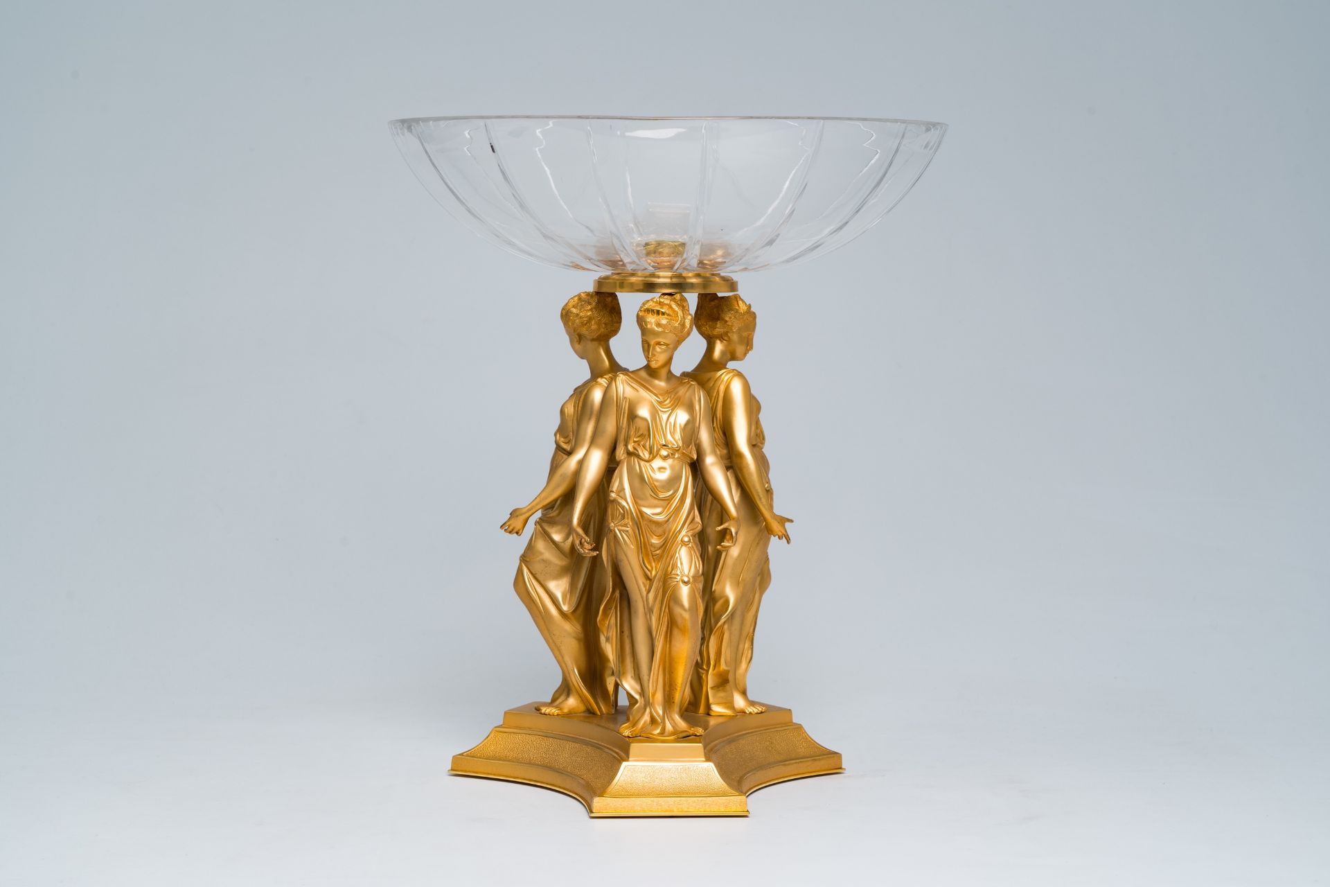 A lavish table centrepiece consisting of a decorative crystal bowl worn by the three graces in gilt - Image 5 of 7