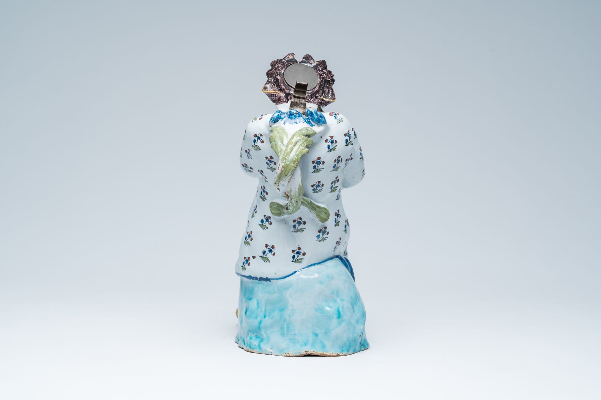 A large polychrome pewter mounted Brussels faience 'Jacqueline' jug, 18th C. - Image 4 of 7