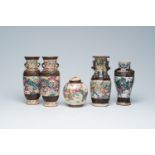Four Chinese Nanking crackle glazed famille rose 'warrior' vases and a jar and cover with figures in
