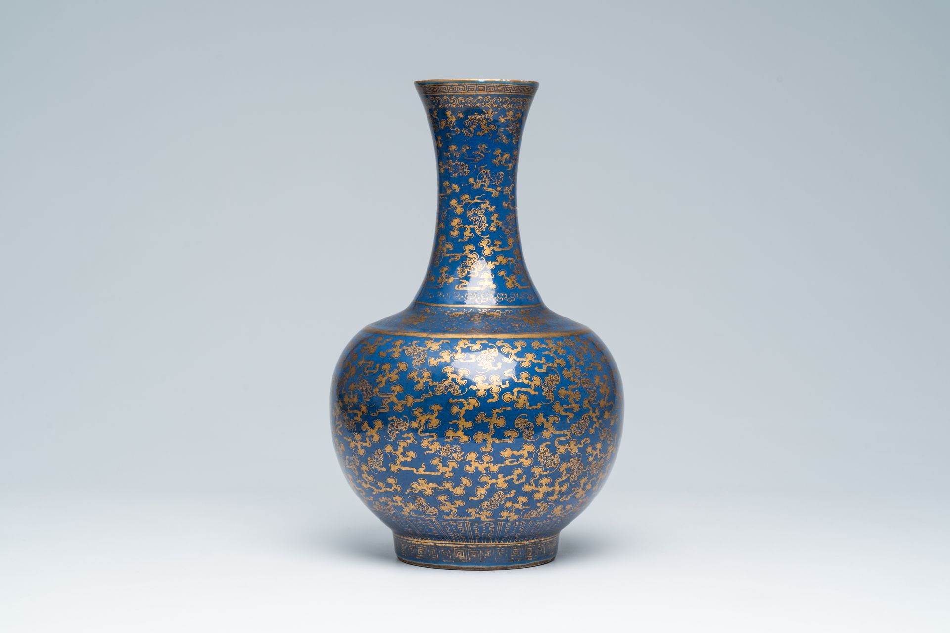 A Chinese blue ground gilt decorated 'bats amongst scrolling clouds' bottle vase, Guangxu mark and o - Image 3 of 6