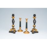 Two pairs of French gilt and patinated bronze candlesticks, 19th C.