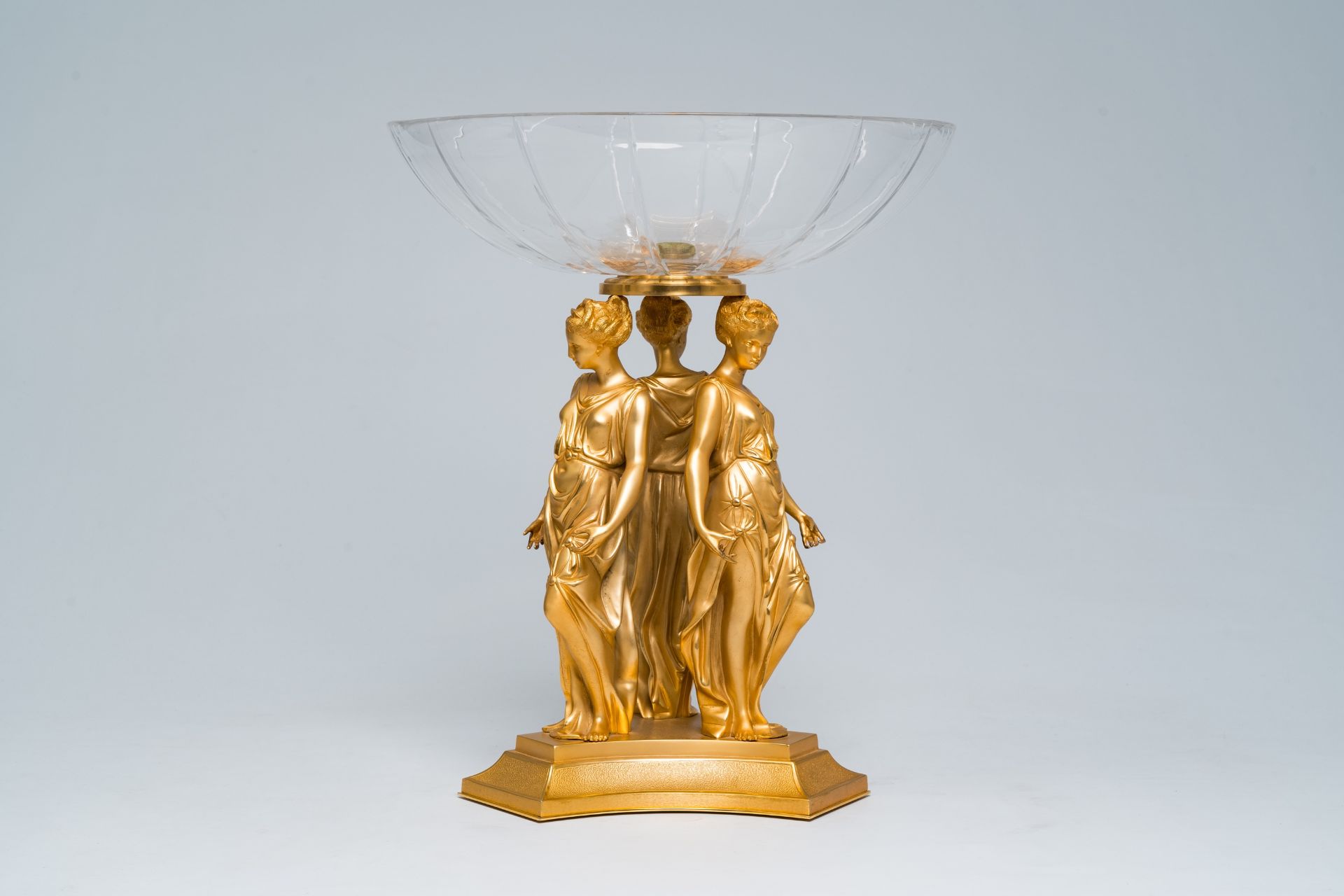 A lavish table centrepiece consisting of a decorative crystal bowl worn by the three graces in gilt - Image 6 of 7