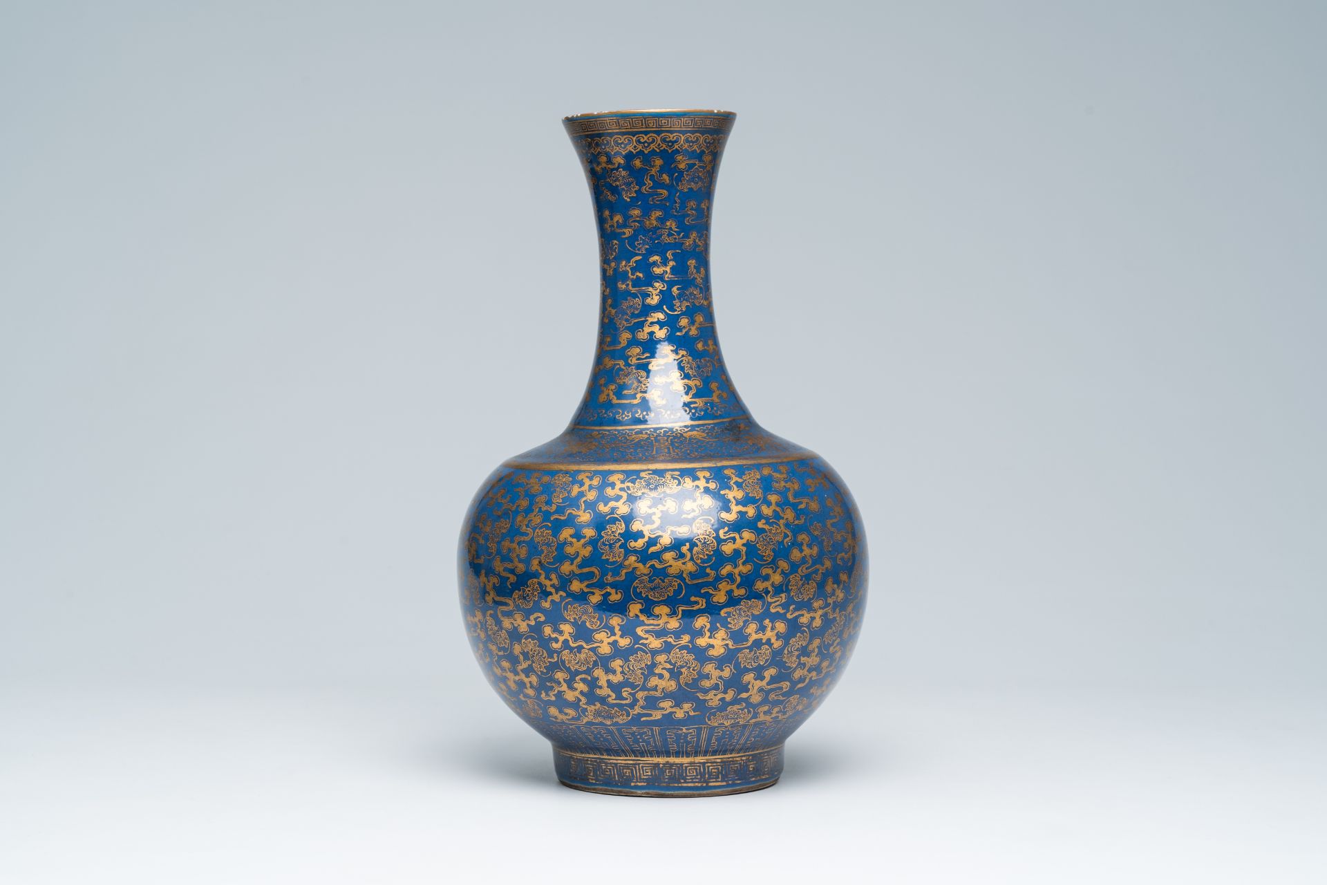 A Chinese blue ground gilt decorated 'bats amongst scrolling clouds' bottle vase, Guangxu mark and o - Image 4 of 6