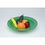Five pieces of fruit and vegetables in coloured blown glass with a matching bowl, Gunnel Sahlin for