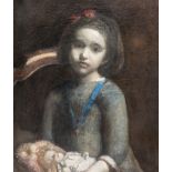 French school: Intriguing portrait of a girl with her doll, oil on canvas, last third 19th C.