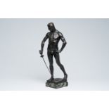 Hugo Lederer (1871-1940): The fencer, black patinated bronze on a vert de mer marble base, foundry m