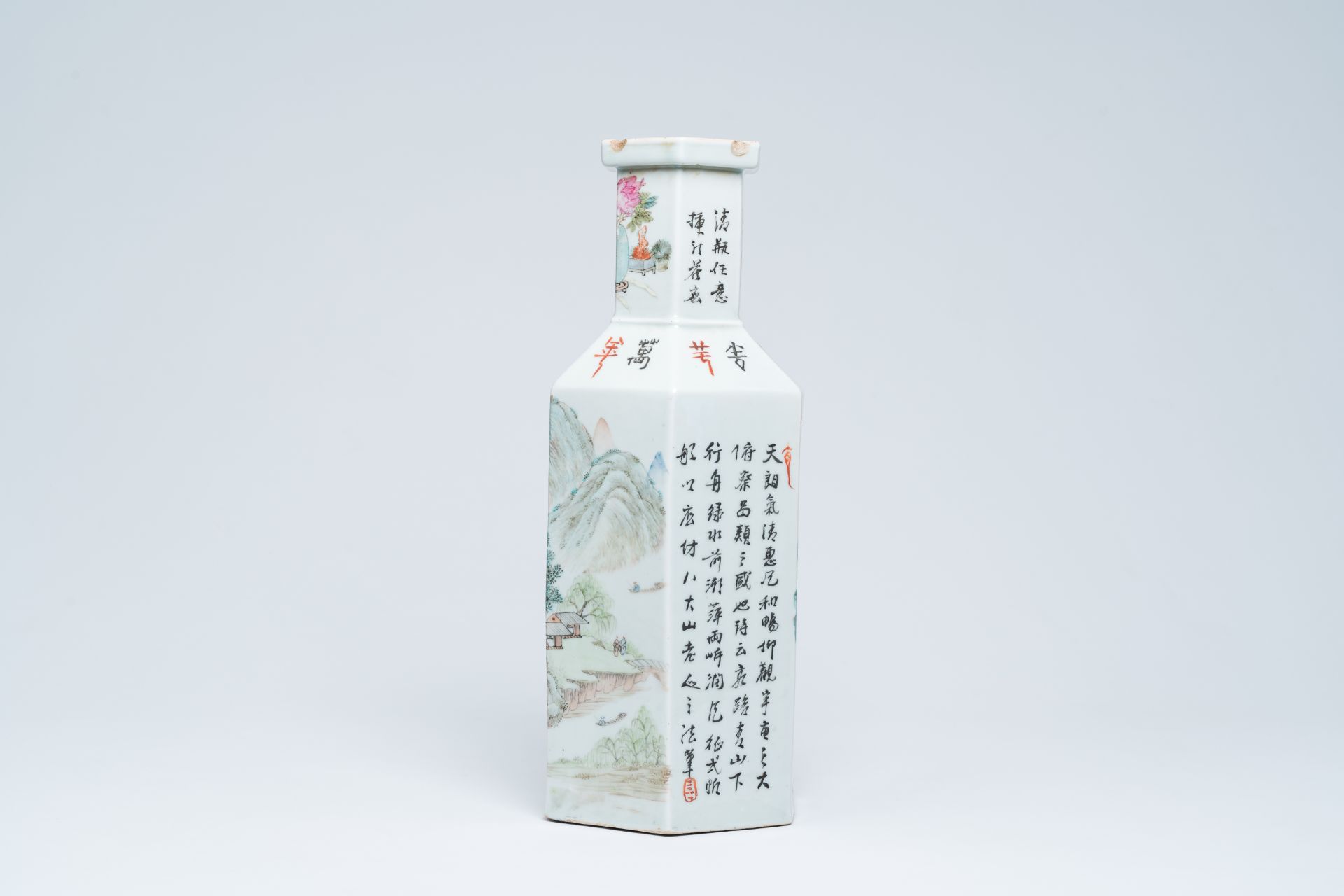 A hexagonal Chinese qianjiang cai vase with an animated landscape and a bird on a blossoming branch, - Image 4 of 6