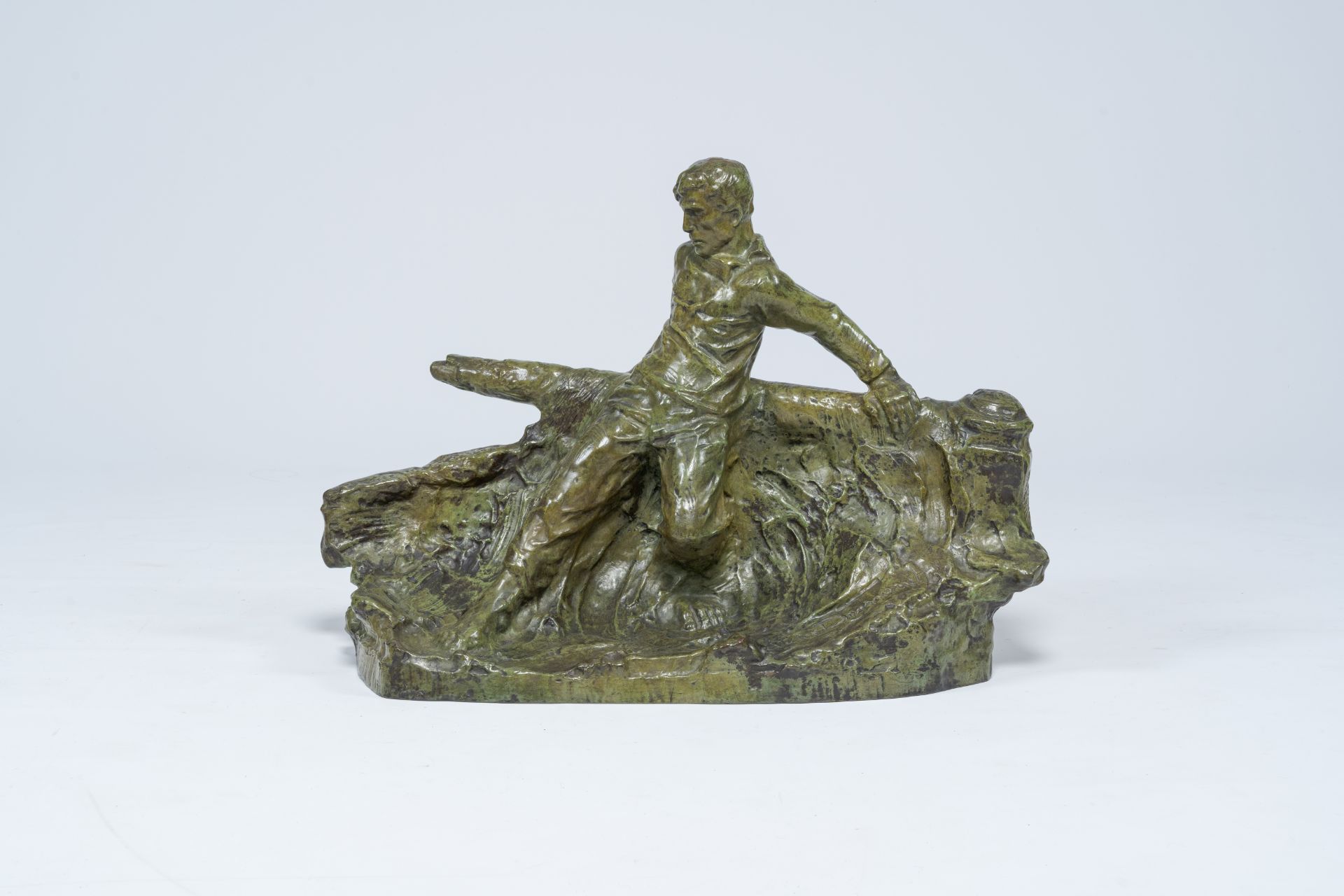 Victor Demanet (1895-1964): Man at the helm on a choppy sea, green patinated bronze - Image 2 of 8