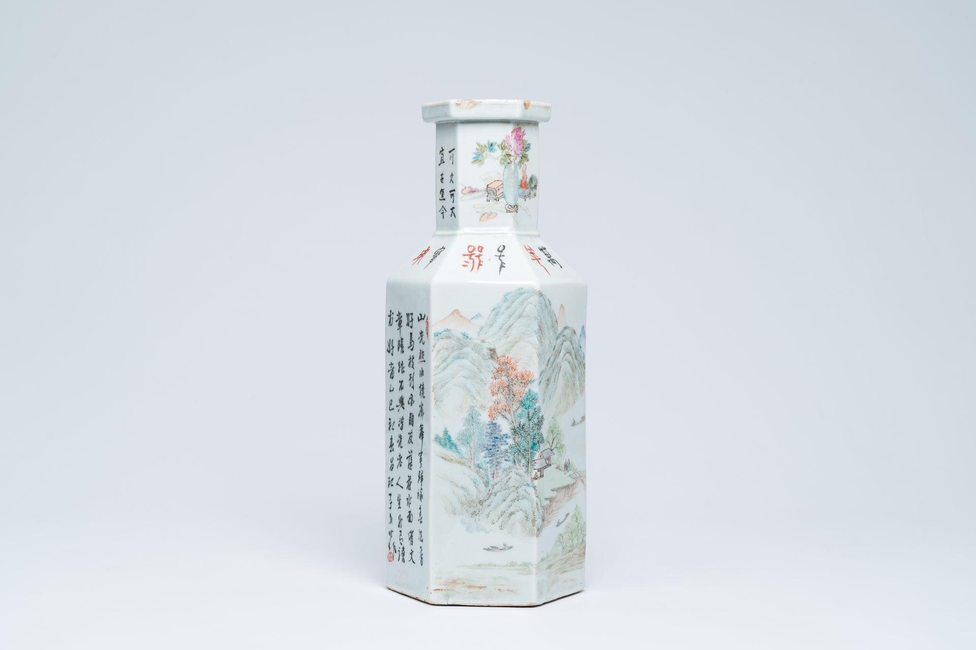 A hexagonal Chinese qianjiang cai vase with an animated landscape and a bird on a blossoming branch, - Image 3 of 6