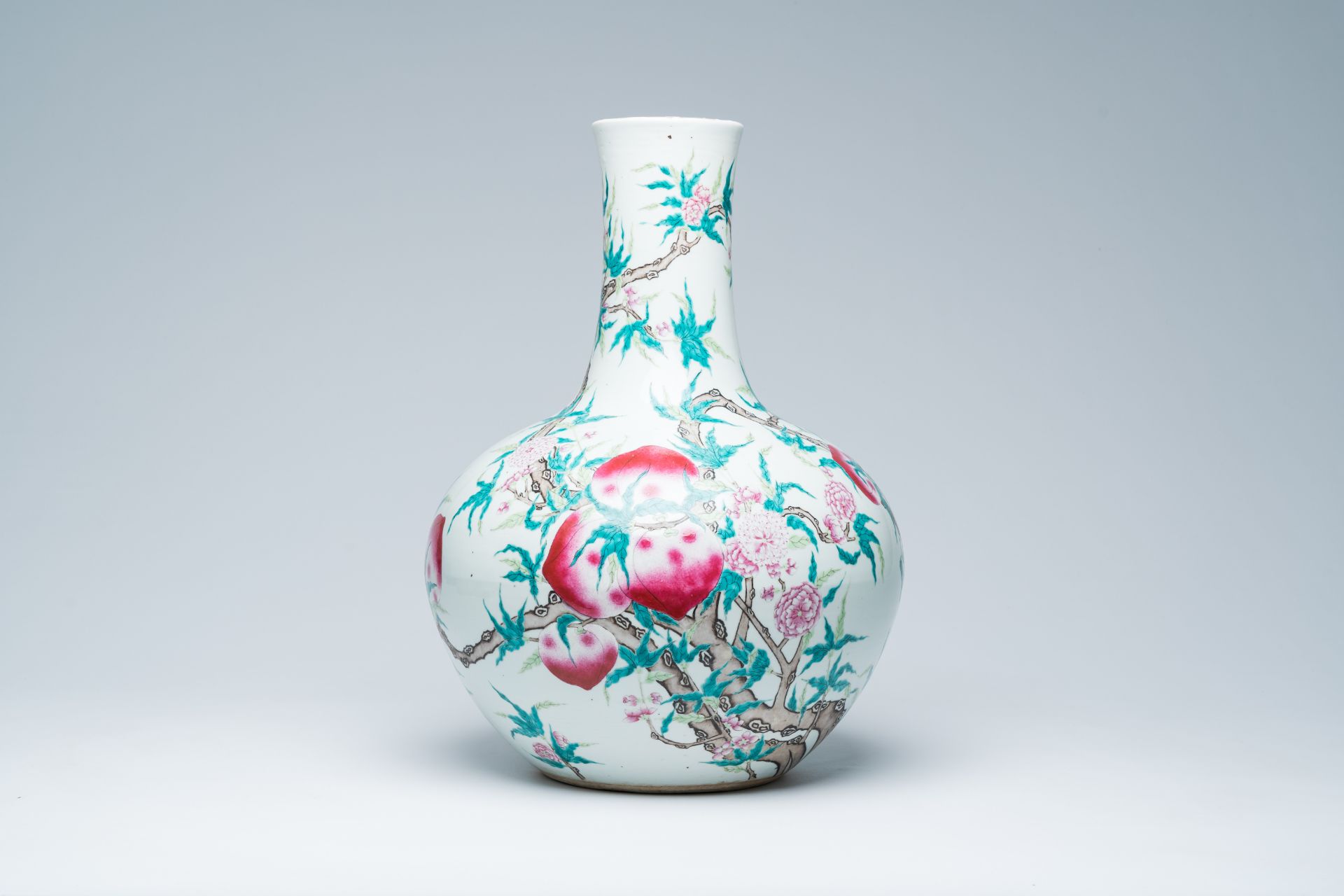 A large Chinese famille rose 'nine peaches' tianqu ping vase, 19th C.