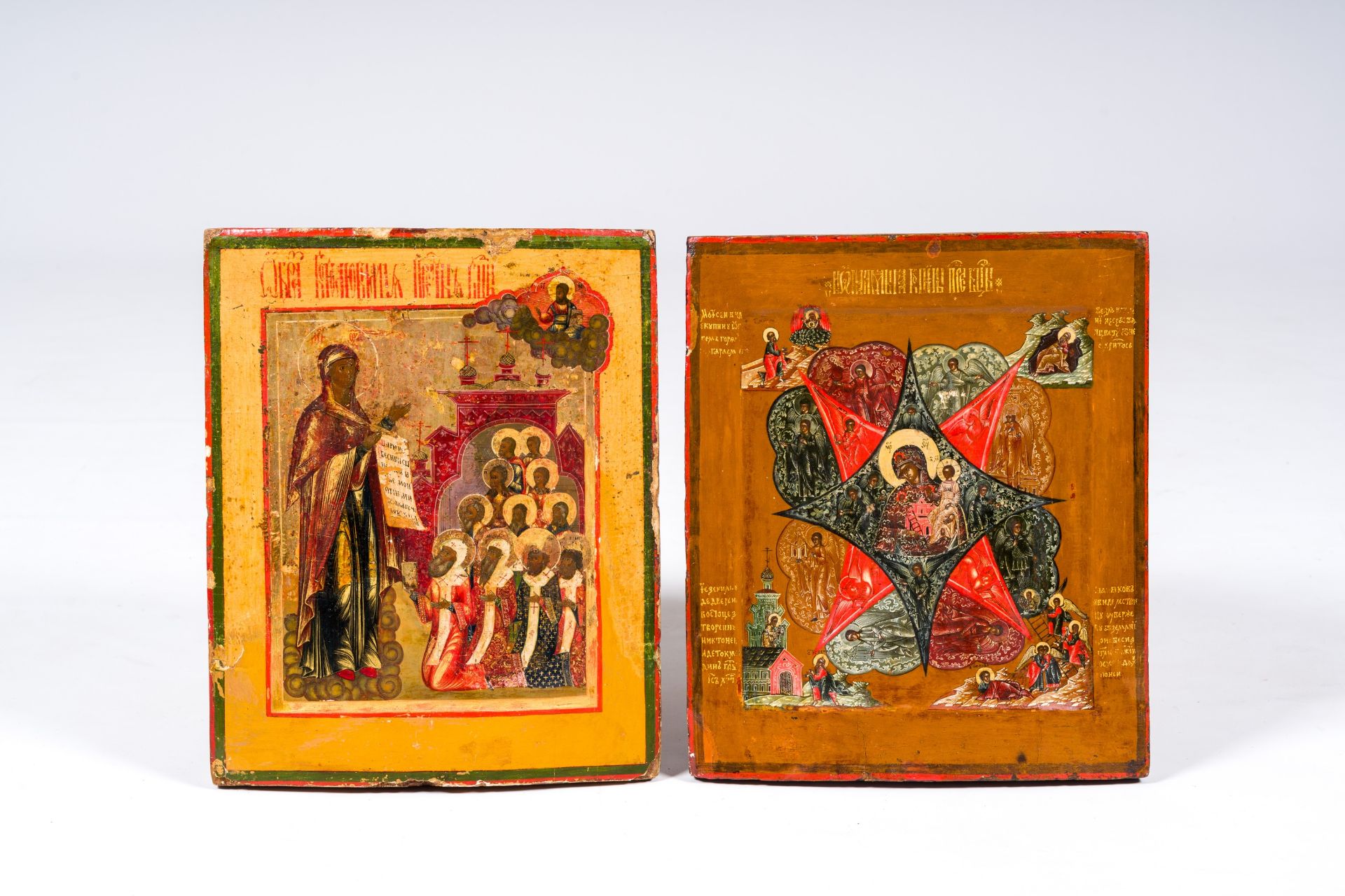 Two orthodox 'Our Lady of the Burning Bush' and 'Mary Magdalene announces the Resurrection' icons, 1