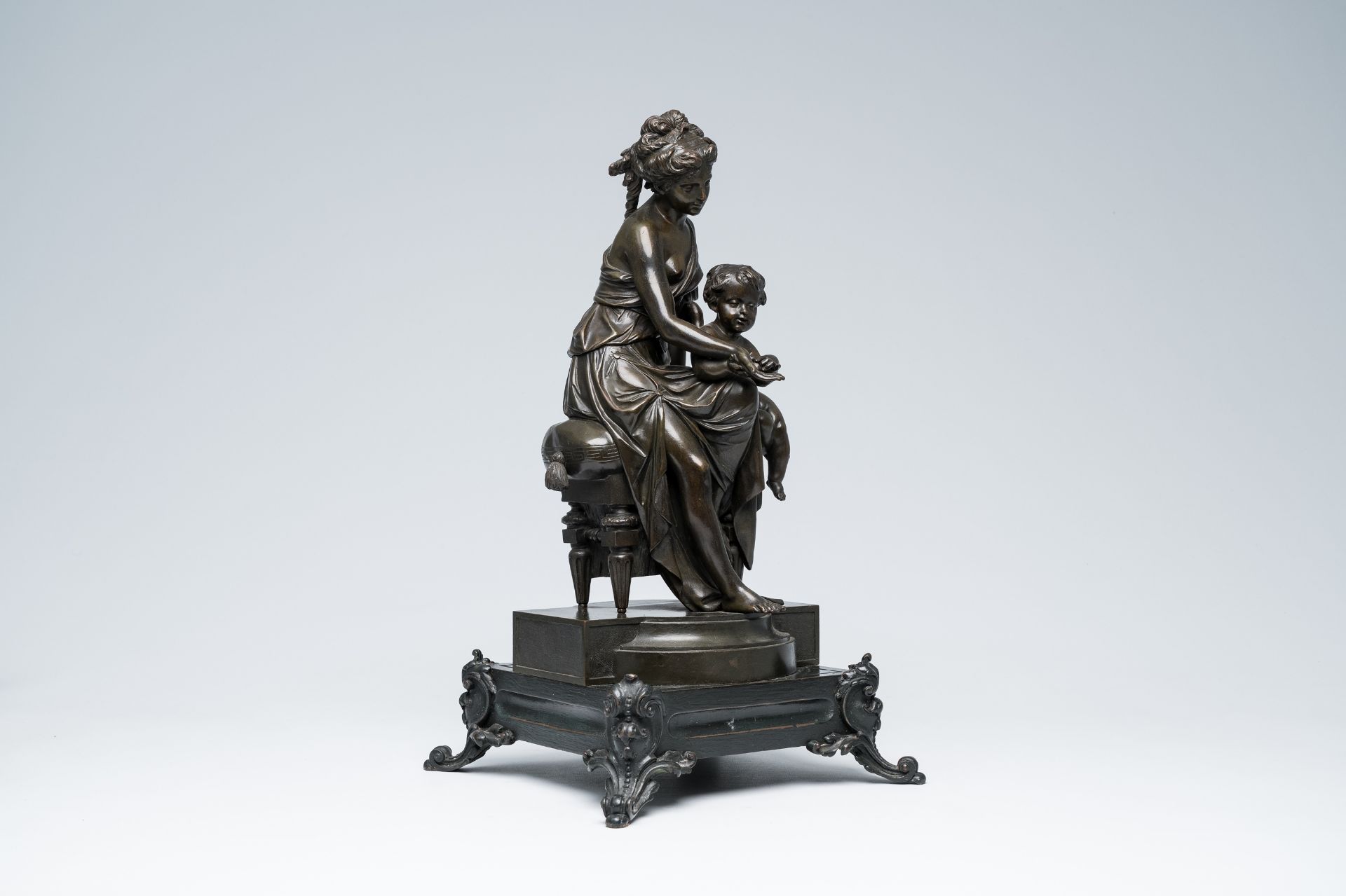 French school: Seated lady with putto, green patinated bronze, 19th C.