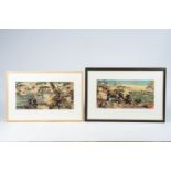 Two three-part Japanese Ukiyo-e woodblock prints depicting scenes from the Sino-Japanese War, publis