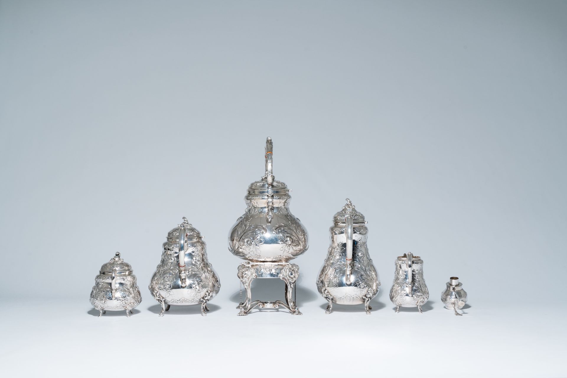 A five-piece German Rococo revival silver coffee and tea set with floral relief design, 800/000, mak - Image 5 of 20