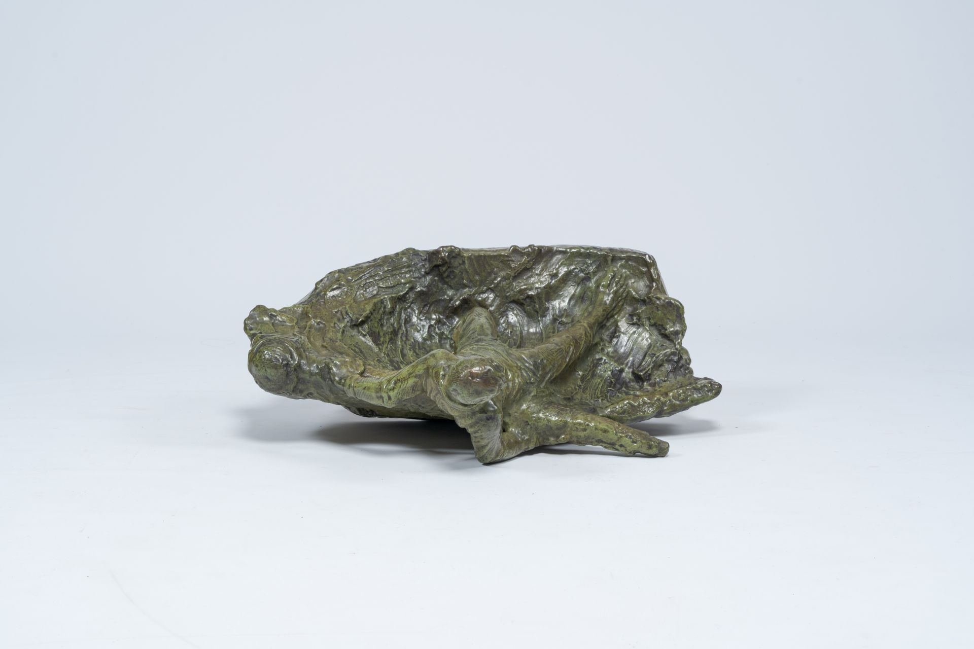 Victor Demanet (1895-1964): Man at the helm on a choppy sea, green patinated bronze - Image 6 of 8