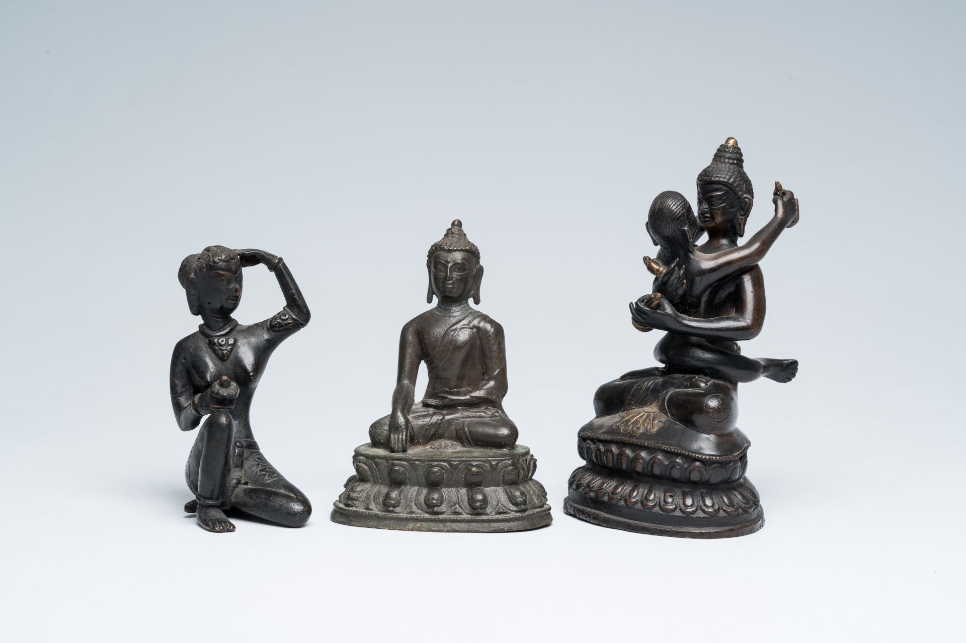 Three Buddhist sculptures in bronze and copper, Southeast Asia, 19th/20th C.