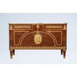 An impressive Neoclassical gilt bronze mounted wood chest of drawers with marble top, 20th C.