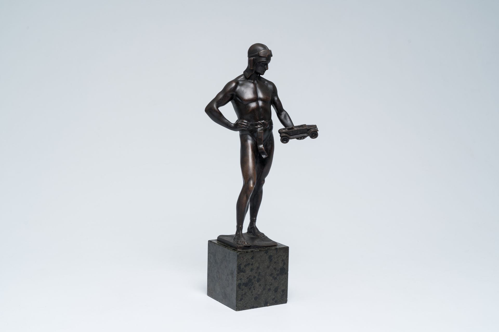 Erich Saalmann (act. 1918-1932): The autopilot, patinated bronze on a marble base