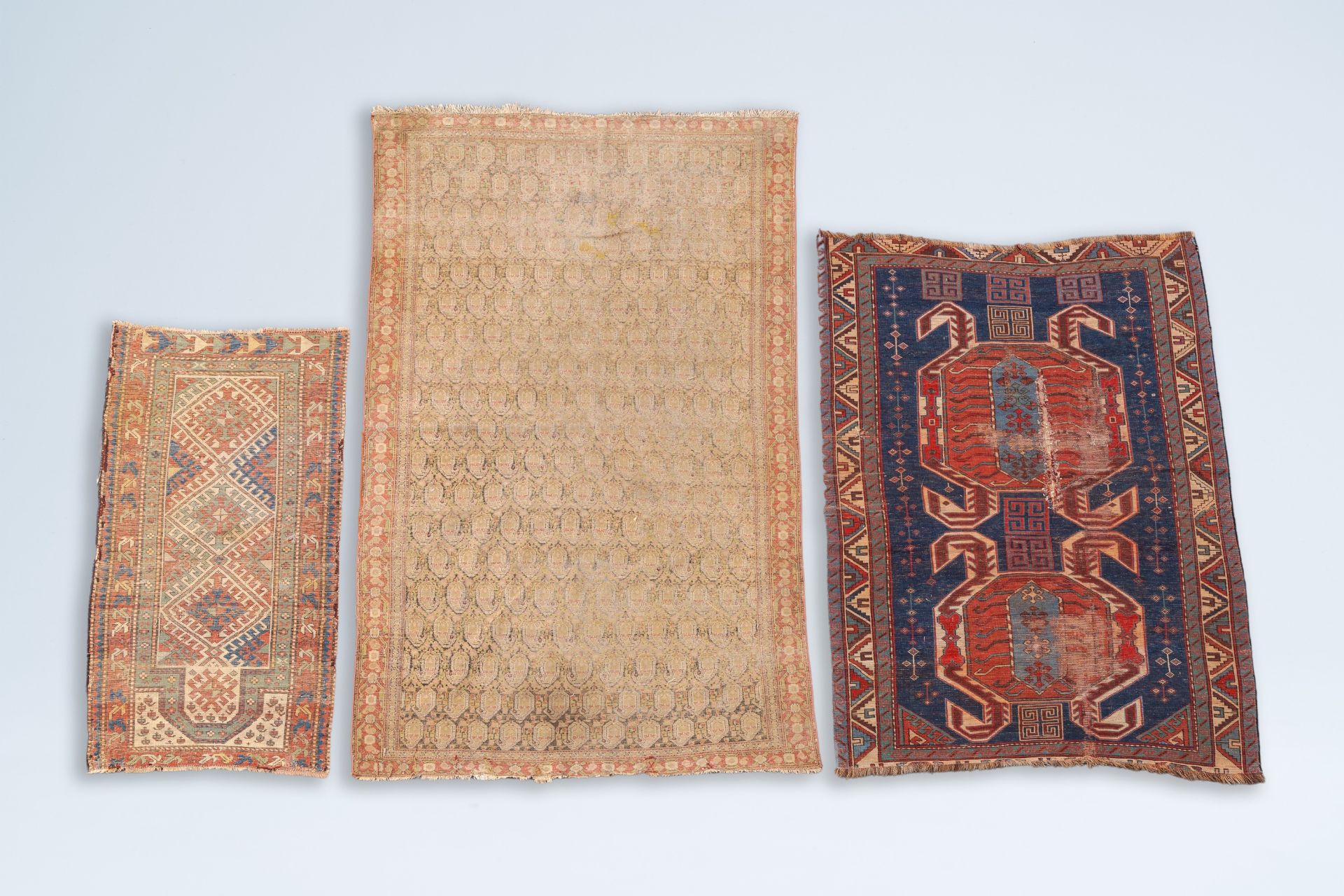 Two Caucasian carpets with geometric design and an Oriental Qom (Qum/Ghom) rug, wool on cotton, 19th - Image 2 of 5